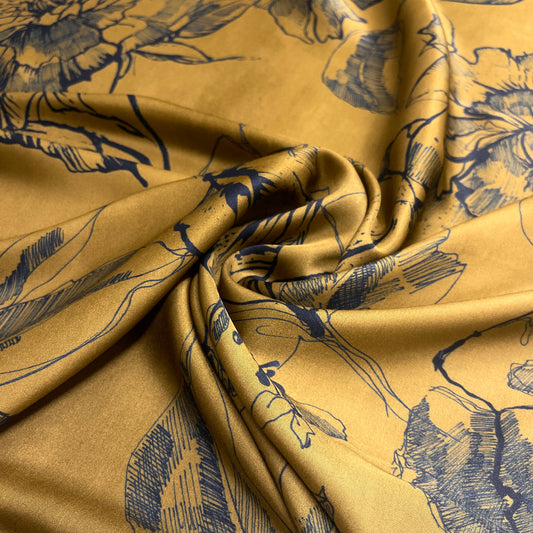 Viscose Satin - Floral Watercolor Brown and Blue