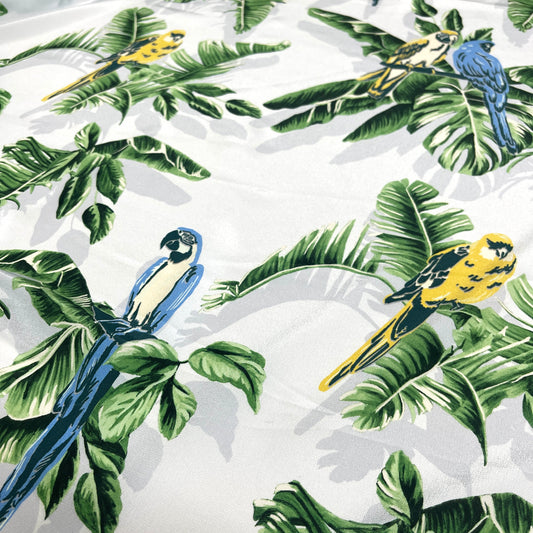Seta Crepe de Chine Fantasia Tropicale con Pappagalli – 2,30 × 1,40 m