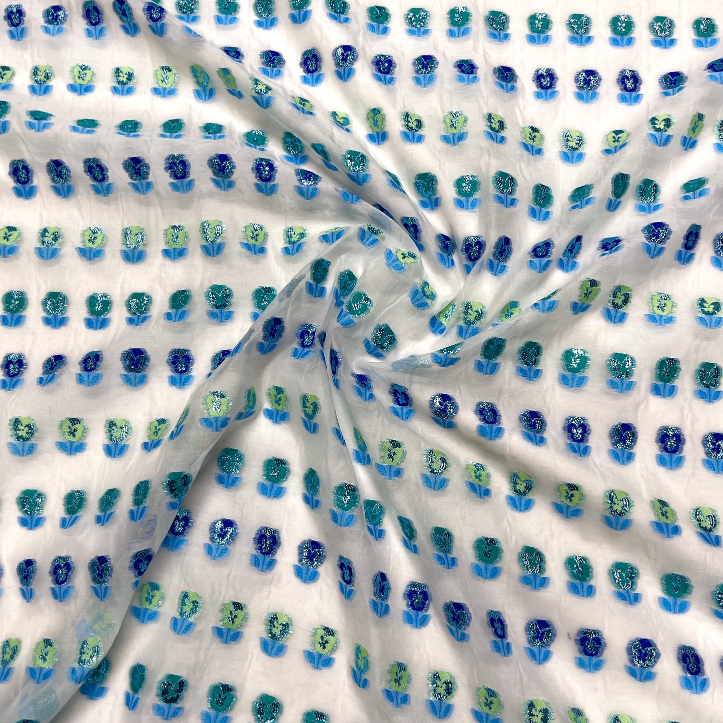Fil Coupé Jacquard Trasparente Fiori Acquamarina