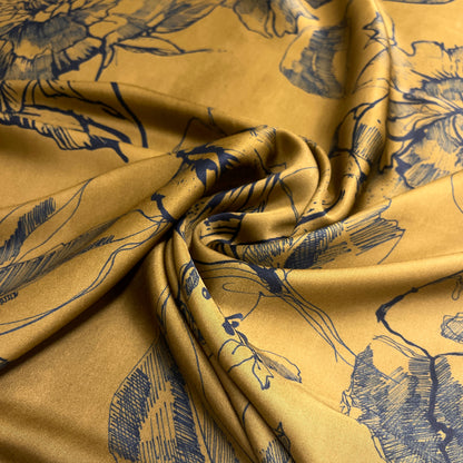 Satin di Viscosa -Floreale Acquerello Marrone e Blu