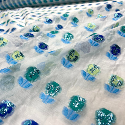 Fil Coupé Jacquard Trasparente Fiori Acquamarina