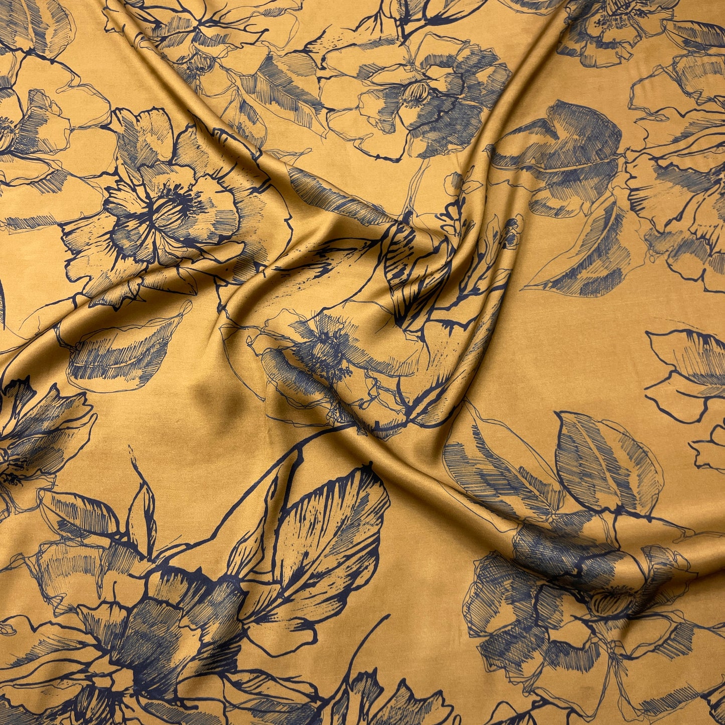 Satin di Viscosa -Floreale Acquerello Marrone e Blu