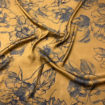 Satin di Viscosa -Floreale Acquerello Marrone e Blu