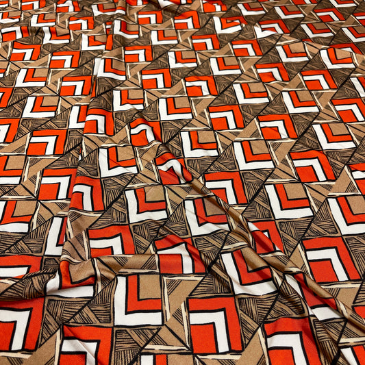Jersey di Viscosa Fantasia Geometrica Arancio e Beige