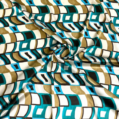 Raso di Seta Elasticizzato - Geometrica Turchese e Oro