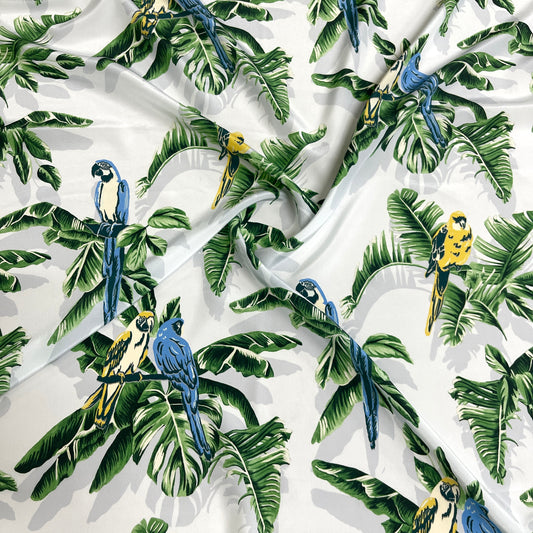 Seta Crepe de Chine Fantasia Tropicale con Pappagalli – 2,30 × 1,40 m