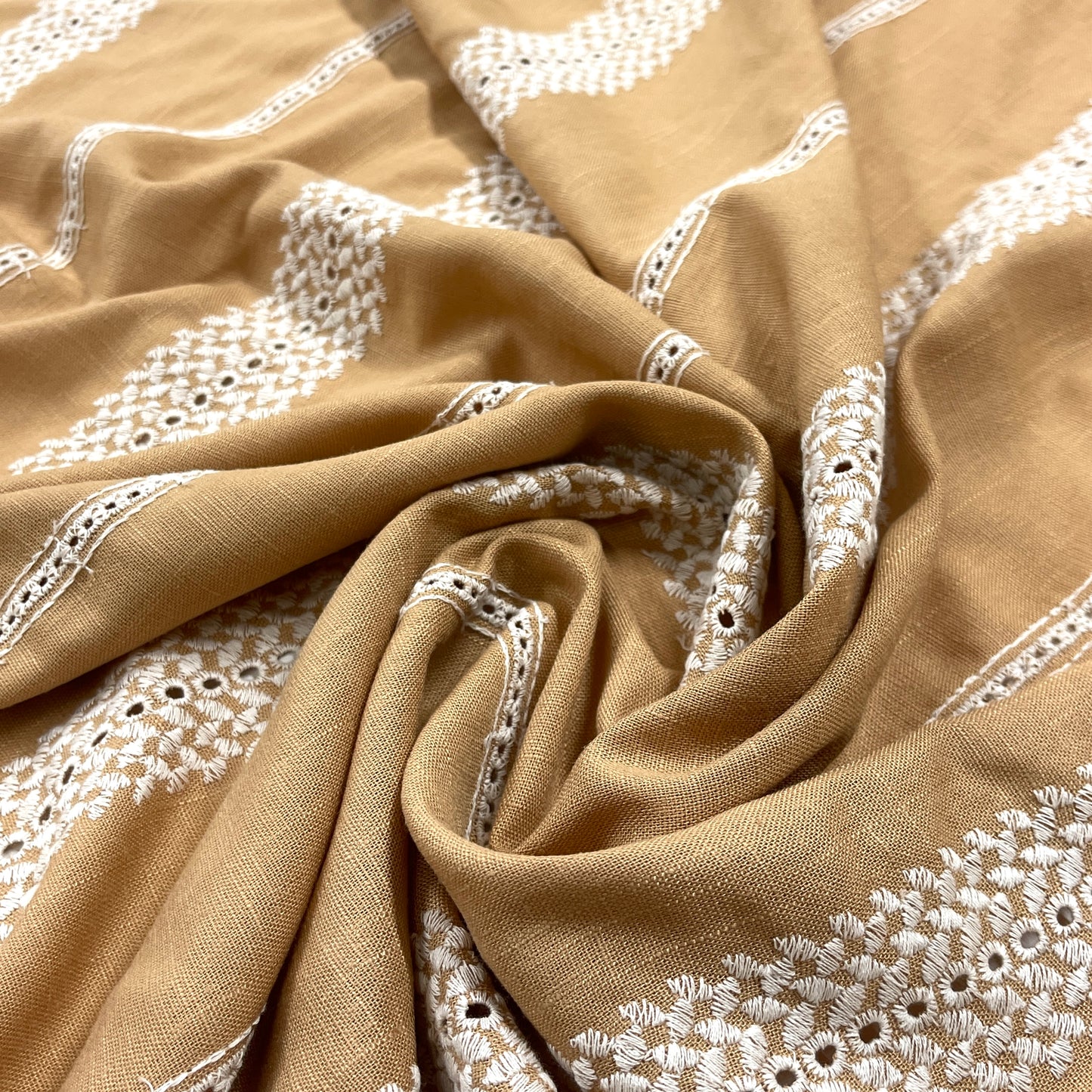 Viscose Linen Embroidered Cotton - Natural Biscuit Stripes