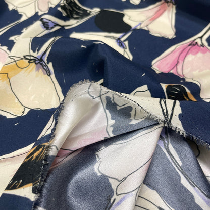 Seta Crepe Satin Back - Floreale navy e cipria