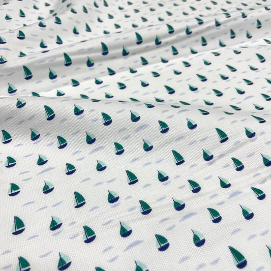 Cotton Piqué – Green Boats Pattern