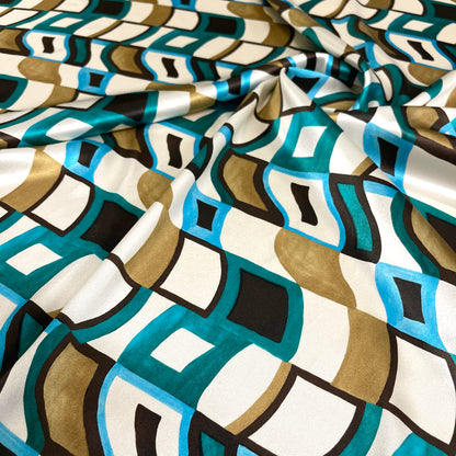Raso di Seta Elasticizzato - Geometrica Turchese e Oro