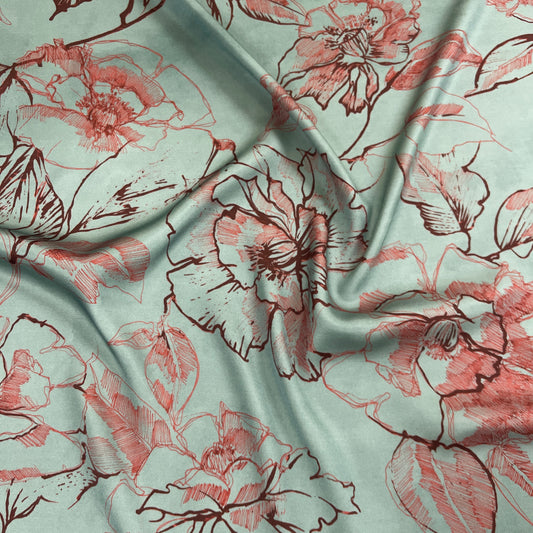 Viscose Satin - Watercolour Teal Floral