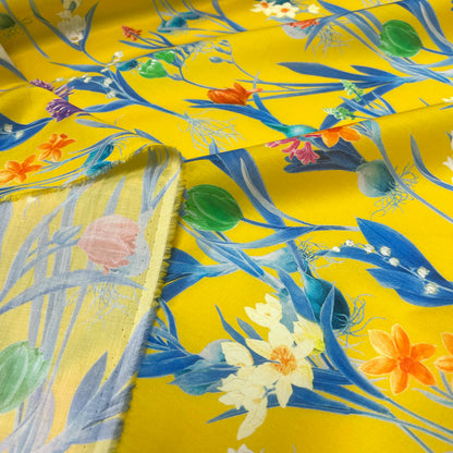Cotone Fantasia - Floreale su fondo giallo