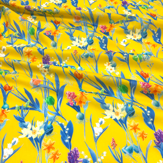 Cotone Fantasia - Floreale su fondo giallo