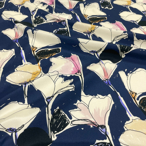 Seta Crepe Satin Back - Floreale navy e cipria