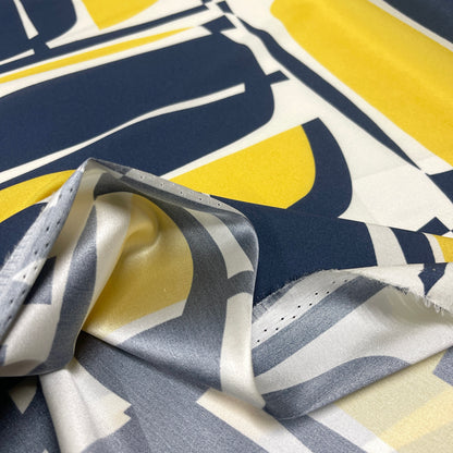 Seta Crepe Satin Back - Geometrica Navy e Giallo