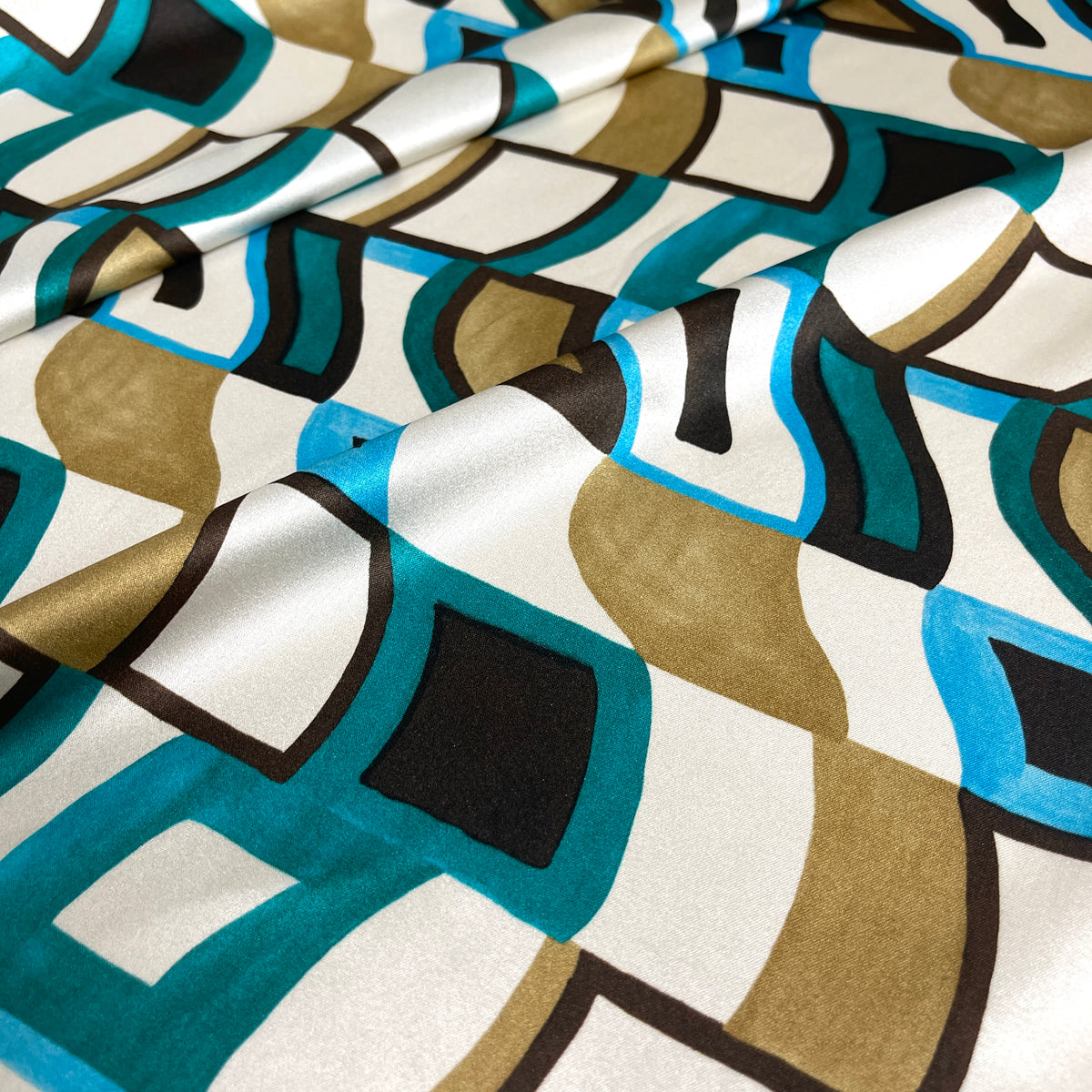 Raso di Seta Elasticizzato - Geometrica Turchese e Oro