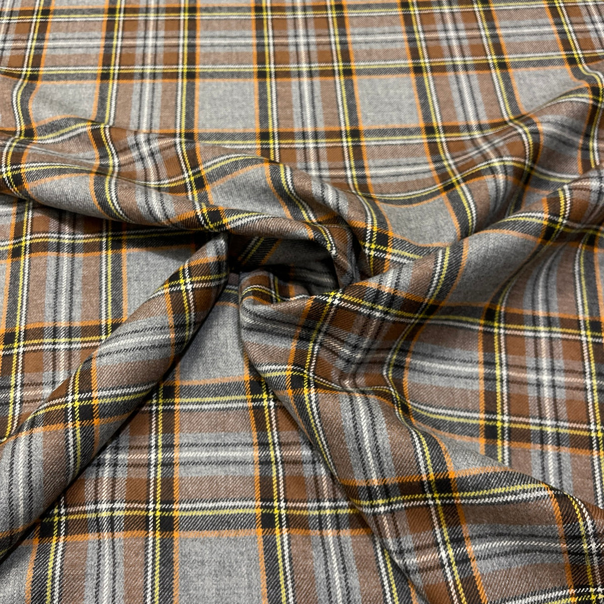 Pura lana vergine tartan grigio e marrone con righe arancio e gialle