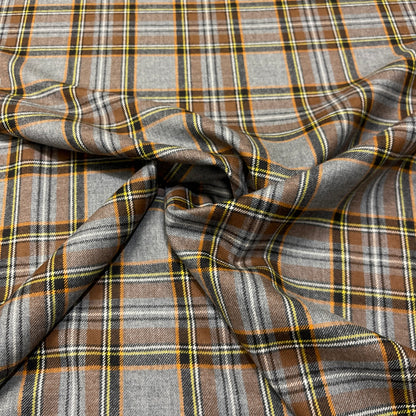 Pura lana vergine tartan grigio e marrone con righe arancio e gialle