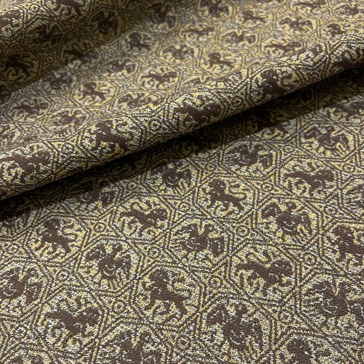 Jacquard misto lana con motivo ornamentale marrone e oro