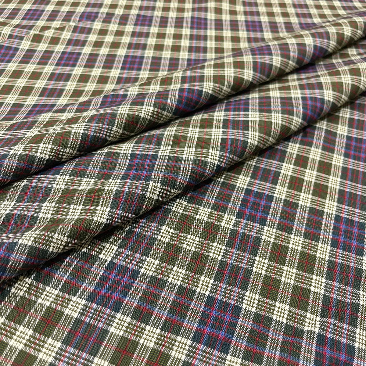 Lana vergine elasticizzata tartan verde, blu, rosso e panna