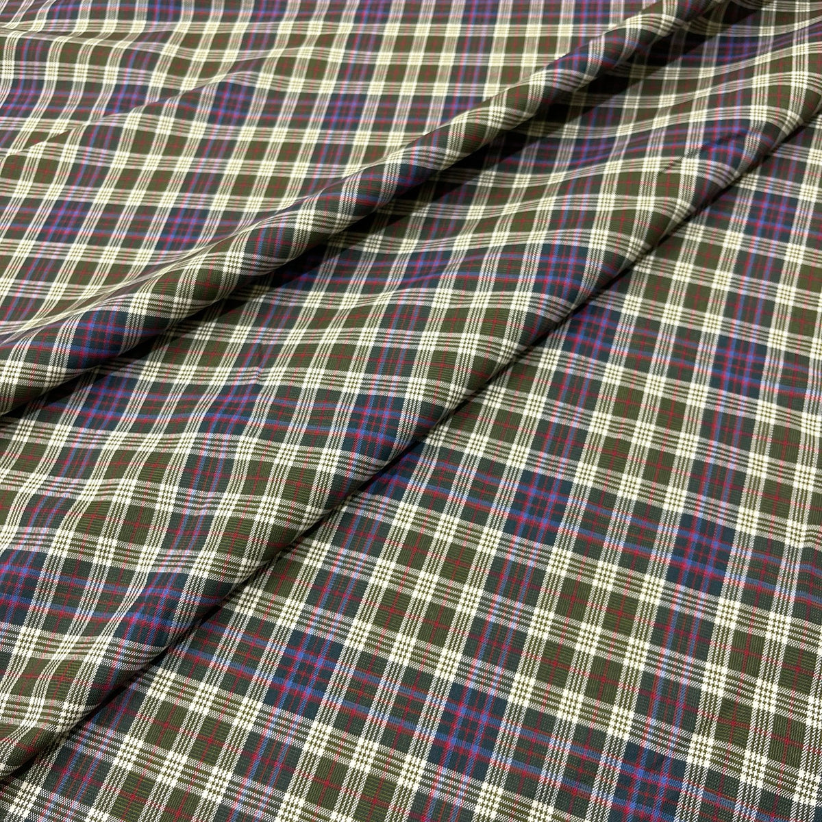 Lana vergine elasticizzata tartan verde, blu, rosso e panna