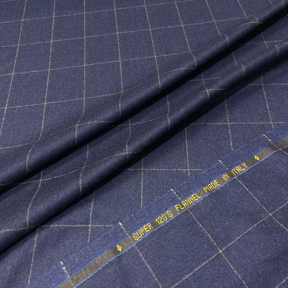 Flanella in pura lana Super 120’s con check blu navy e grigio