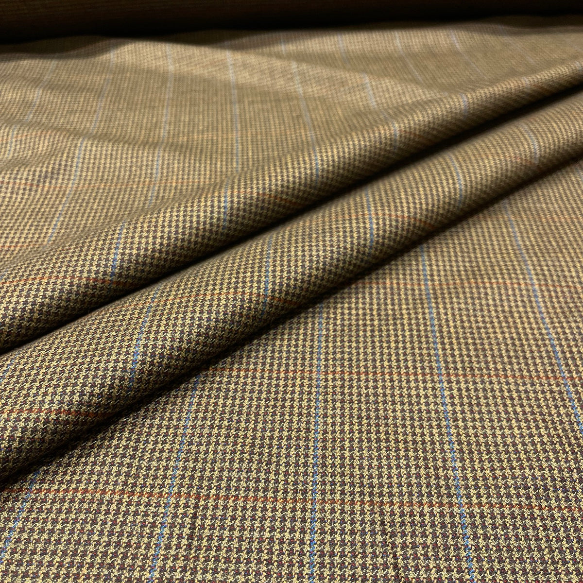 Pura lana vergine a quadri beige e marrone con righe azzurre e ruggine