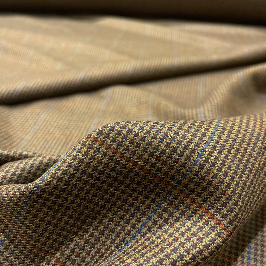 Pura lana vergine a quadri beige e marrone con righe azzurre e ruggine