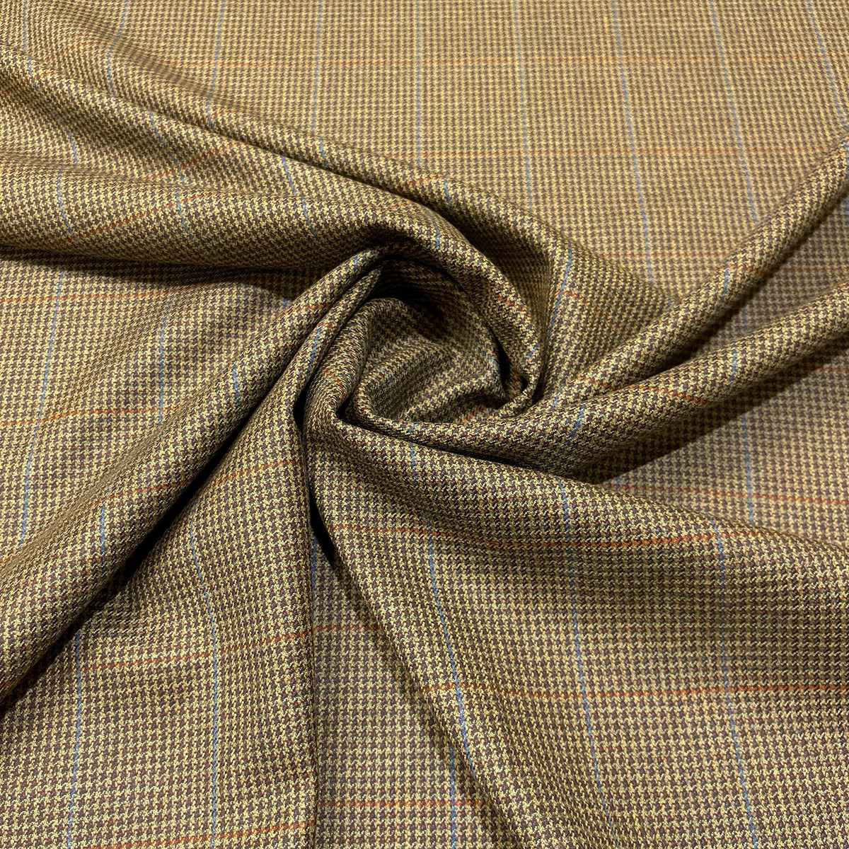 Pura lana vergine a quadri beige e marrone con righe azzurre e ruggine