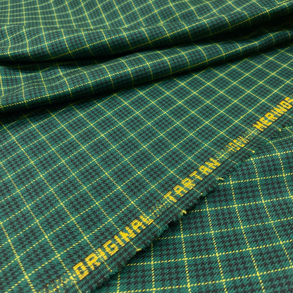Tartan in pura lana verde con quadri scuri e righe gialle