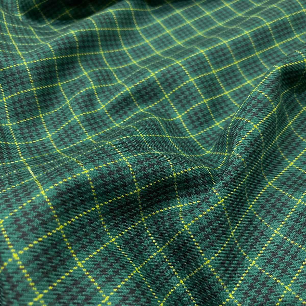Tartan in pura lana verde con quadri scuri e righe gialle