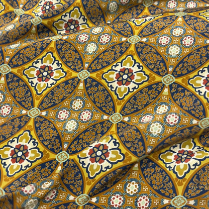 Crêpe de Chine Seta – Fantasia Ornamentale Giallo Ocra e Blu