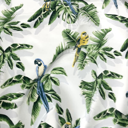Seta Crepe de Chine Fantasia Tropicale con Pappagalli – 2,30 × 1,40 m