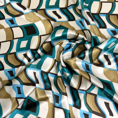 Raso di Seta Elasticizzato - Geometrica Turchese e Oro