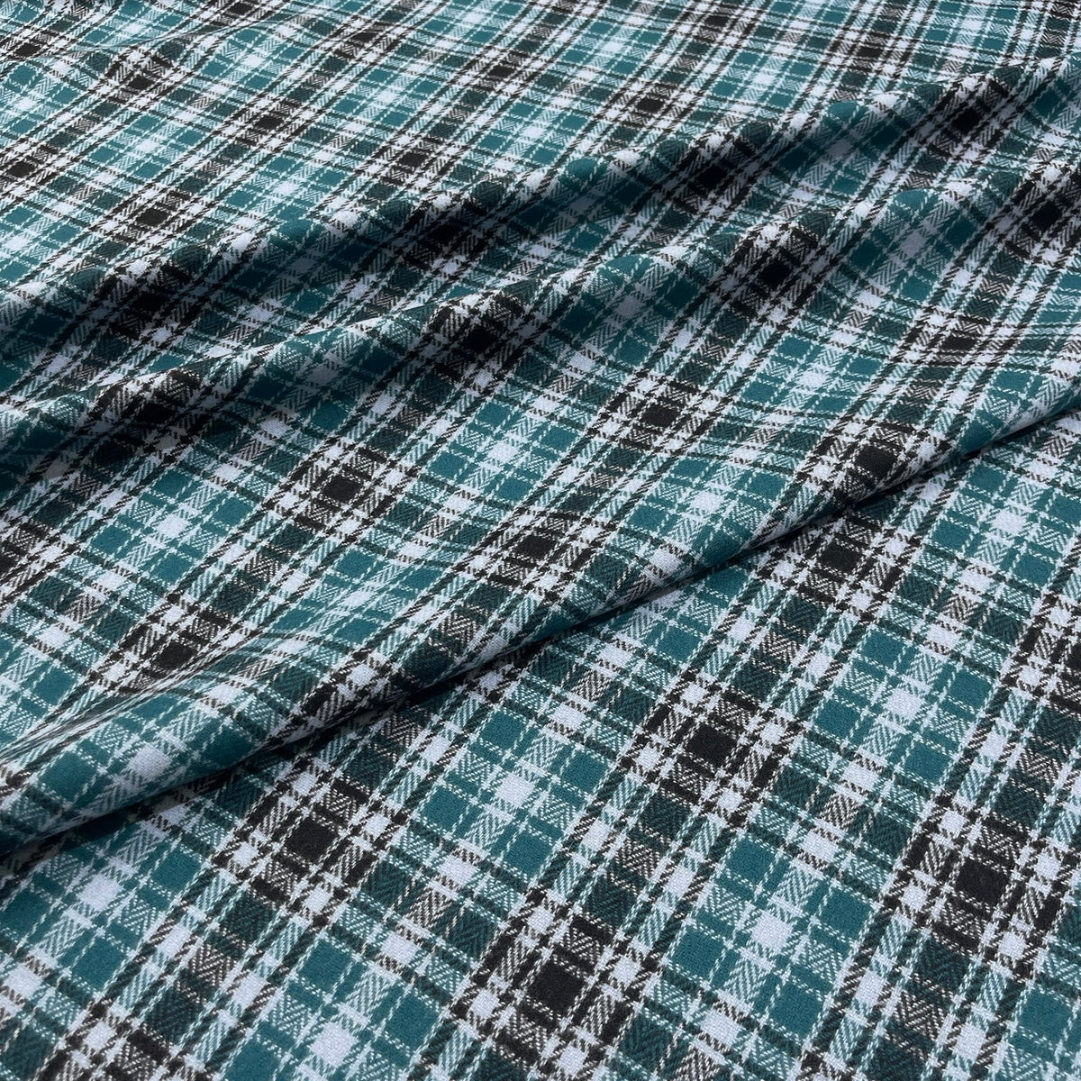 Pura lana tartan verde petrolio, grigio antracite e bianco